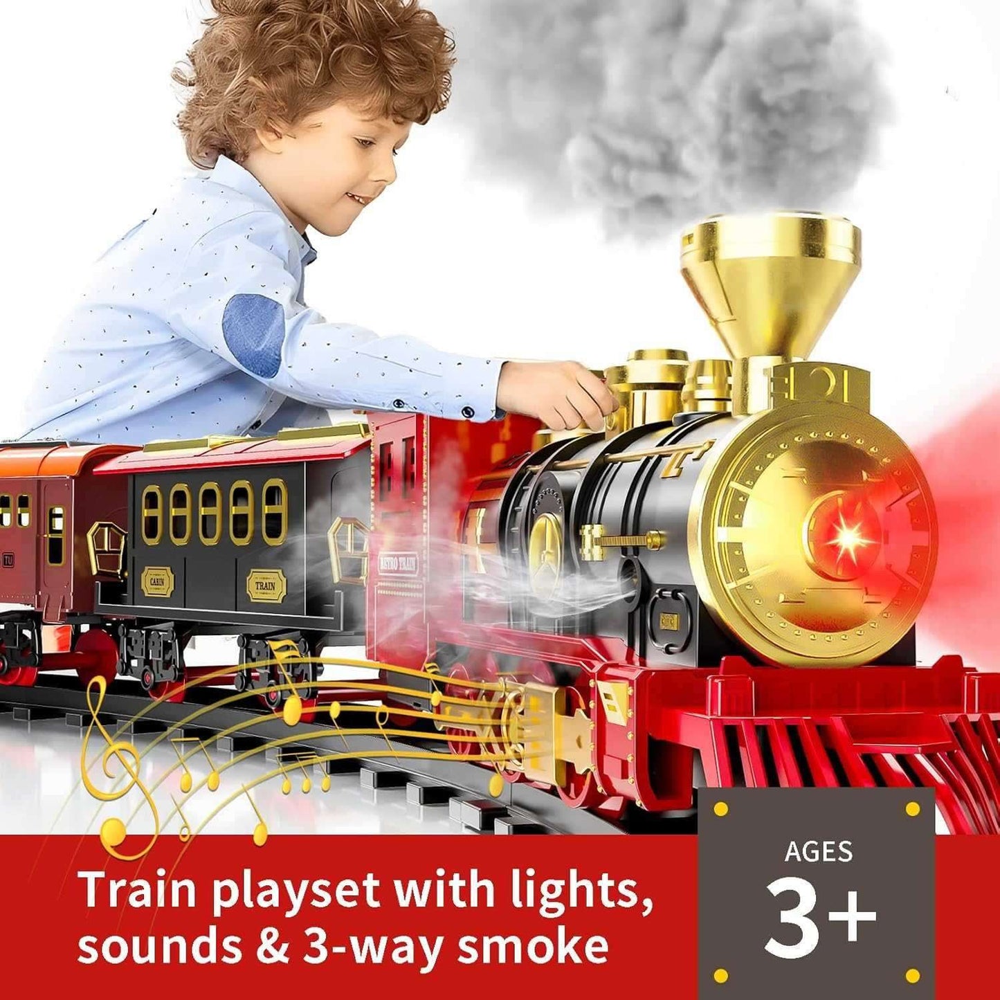Red Christmas Tree Toy Steam Train Set with Lights Sounds Christmas Train Set Electric Train Sets for Kids Toy Christmas Under Tree Decoration