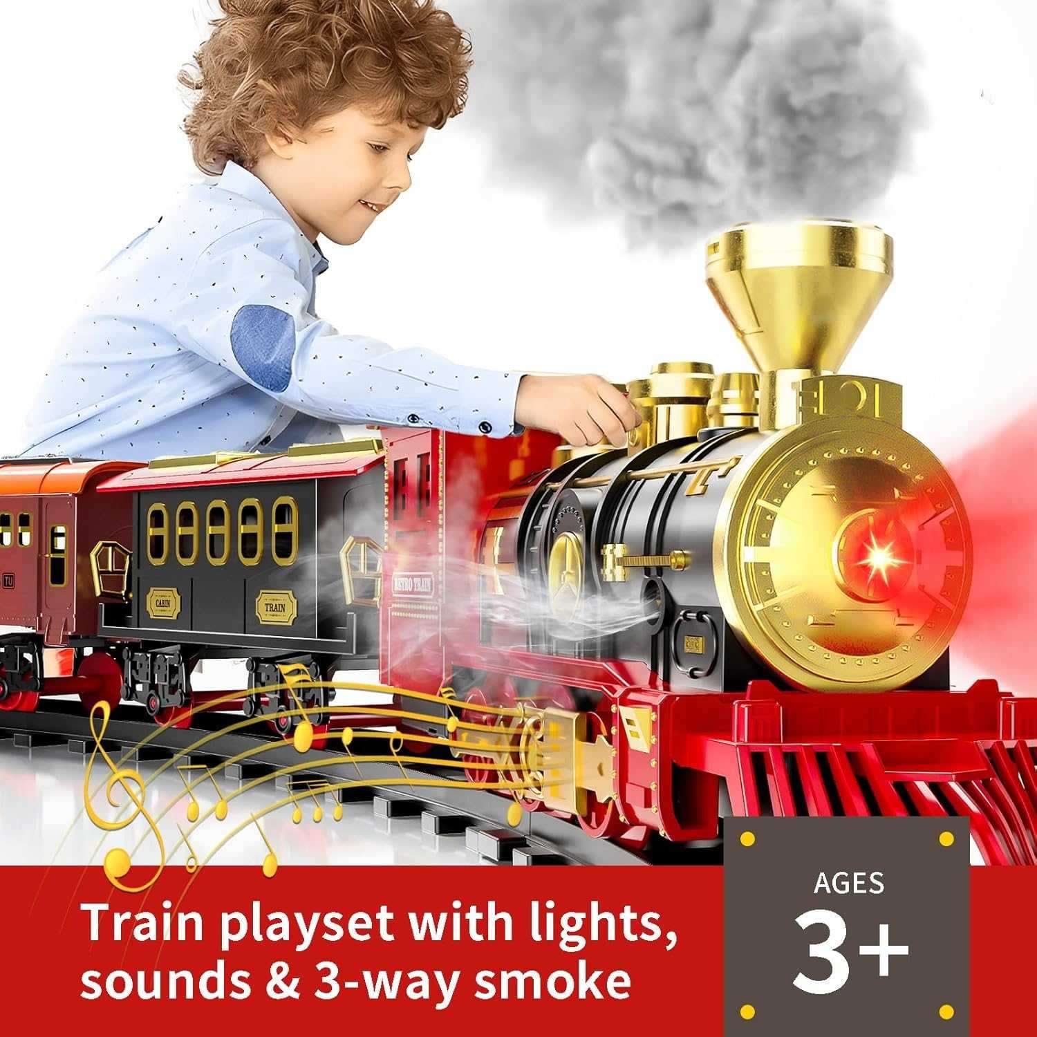 Red Christmas Tree Toy Steam Train Set with Lights Sounds Christmas Train Set Electric Train Sets for Kids Toy Christmas Under Tree Decoration
