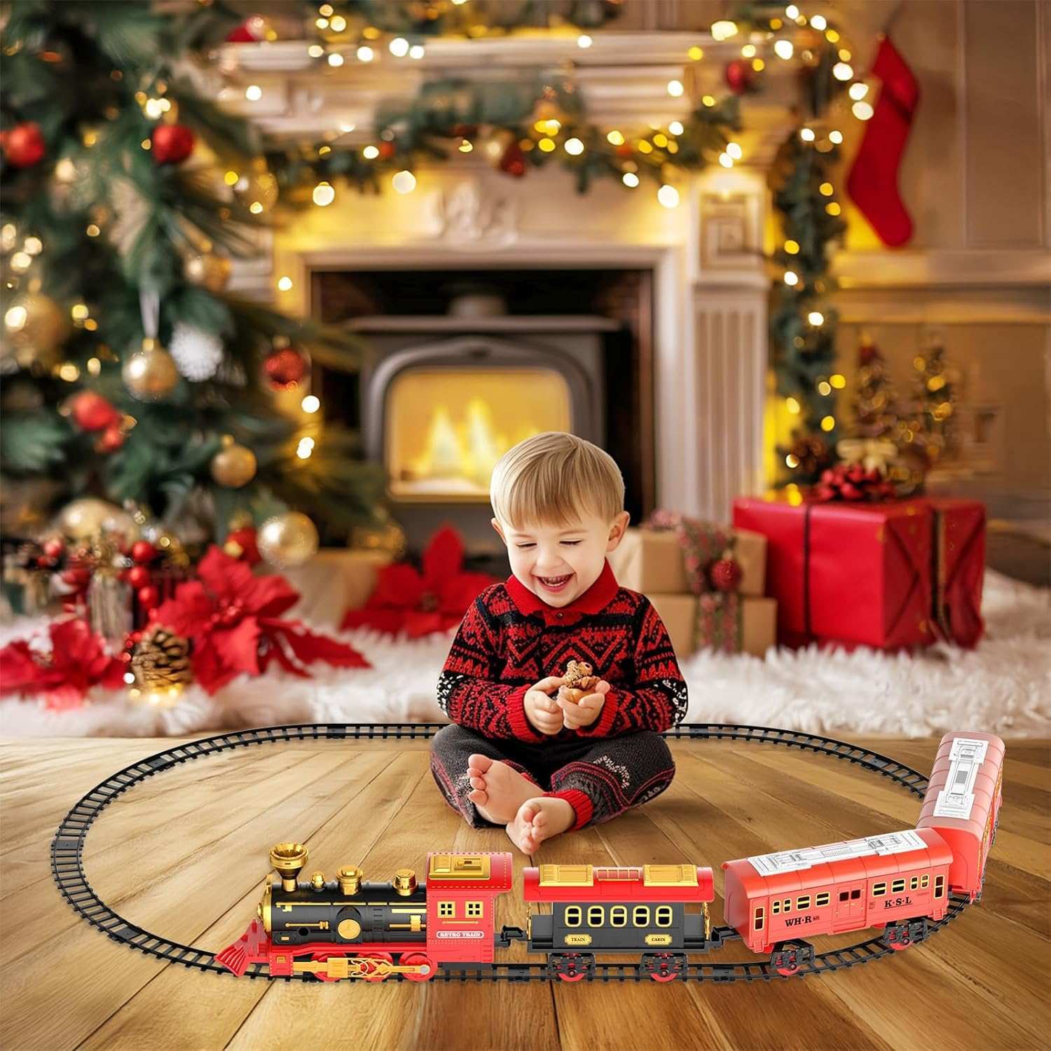Red Christmas Tree Toy Steam Train Set with Lights Sounds Christmas Train Set Electric Train Sets for Kids Toy Christmas Under Tree Decoration