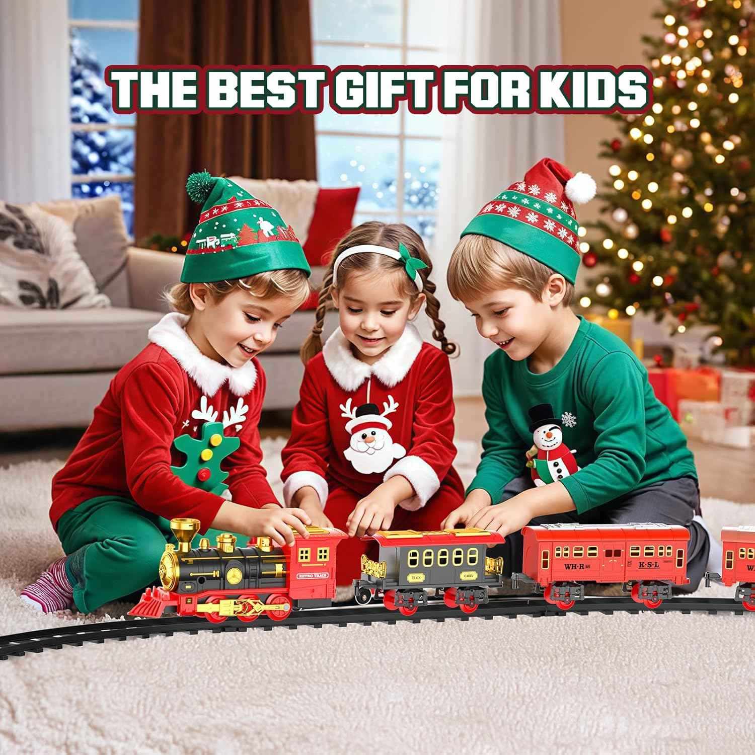 Red Christmas Tree Toy Steam Train Set with Lights Sounds Christmas Train Set Electric Train Sets for Kids Toy Christmas Under Tree Decoration