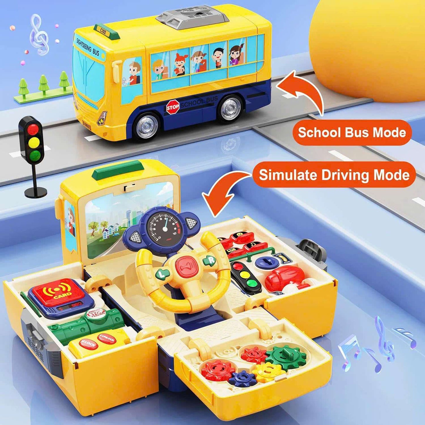 School Bus Driving Simulator Toy with Lights, Sounds and Steering Wheel, Safe for Ages 3+