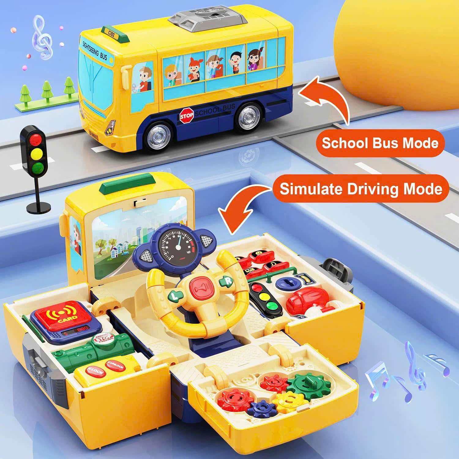 School Bus Driving Simulator Toy with Lights, Sounds and Steering Wheel, Safe for Ages 3+