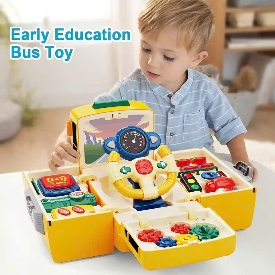 School Bus Driving Simulator Toy with Lights, Sounds and Steering Wheel, Safe for Ages 3+