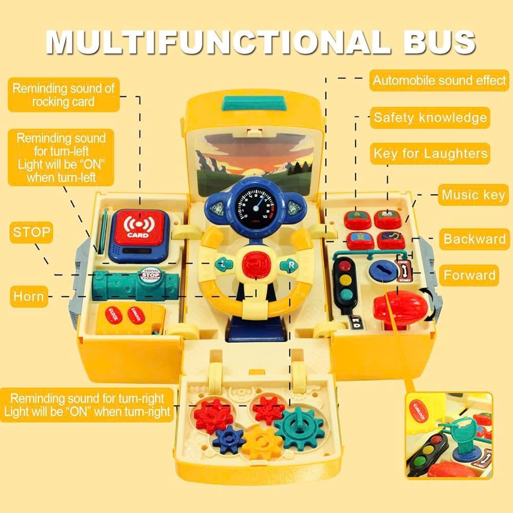 School Bus Driving Simulator Toy with Lights, Sounds and Steering Wheel, Safe for Ages 3+