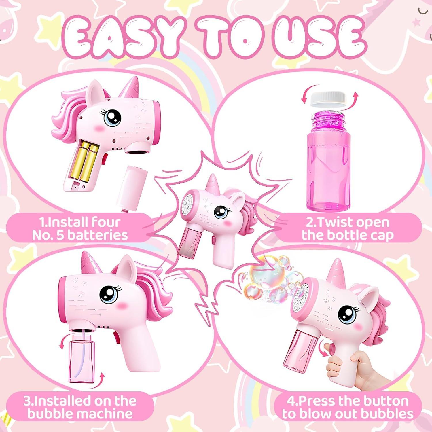 Unicorn Toy Bubble Machine with LED Lights, Compact, Portable, Safe for Ages 3+