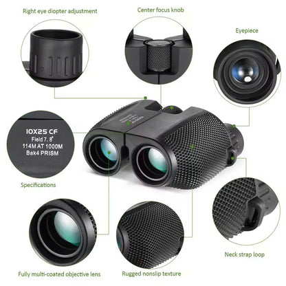 Waterproof High-Power Night-Vision Binoculars for Adults and Kids with 10×25 Magnification, Carrying Strap, Storage Pouch