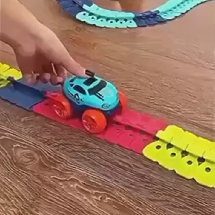 Flexible Race Track Car Toy with Easy Track Assembly and LED Light-Up Car, Safe for Ages 3+.