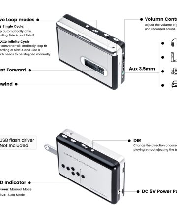 Cassette Tape To USB Converter, Cassette Tape Player Record Tape to MP3 Digital Converter, Portable Cassette Player