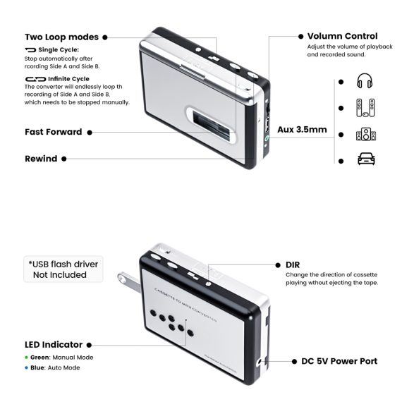 Cassette Tape To USB Converter, Cassette Tape Player Record Tape to MP3 Digital Converter, Portable Cassette Player