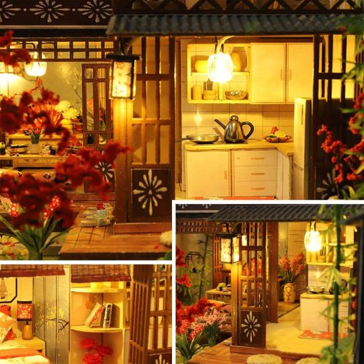 Dollhouse Miniature with Furniture, DIY Wooden Dollhouse Kit Japanese Style Plus Dust Protection and Music Movement