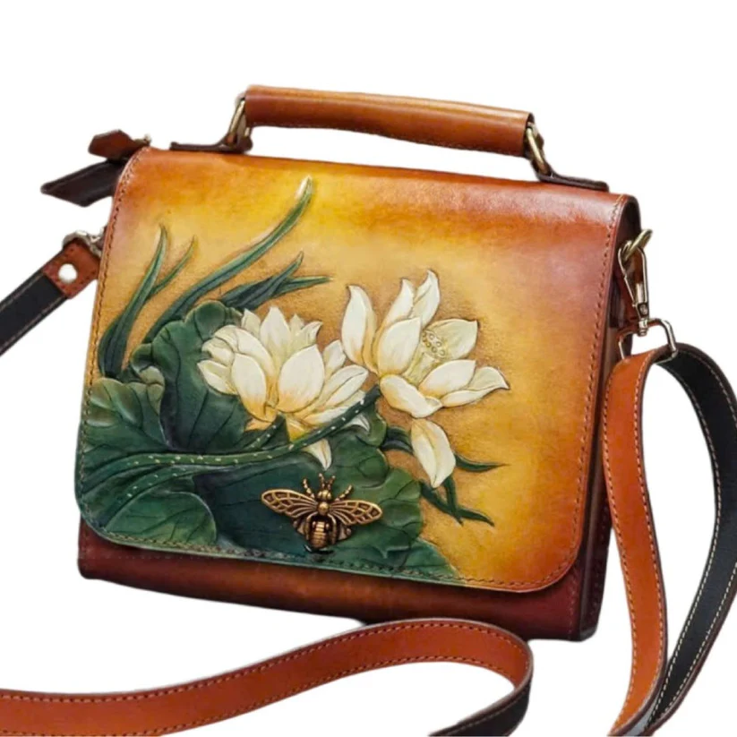 Hand-Carved Leather Handbag - Lotus Blossom & Bee Accent (2)