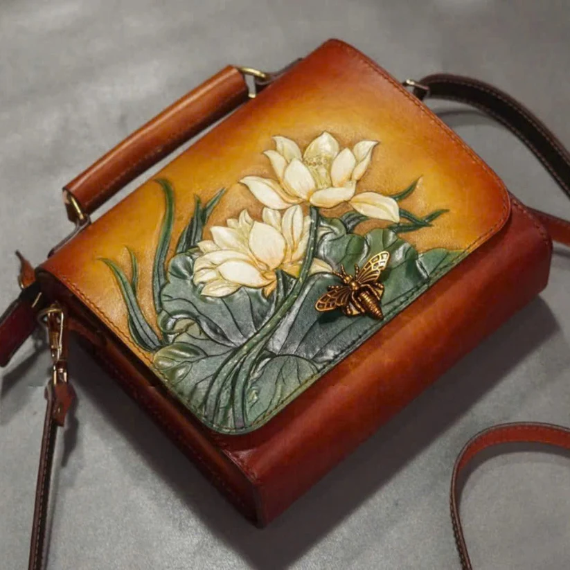 Hand-Carved Leather Handbag - Lotus Blossom & Bee Accent (3)