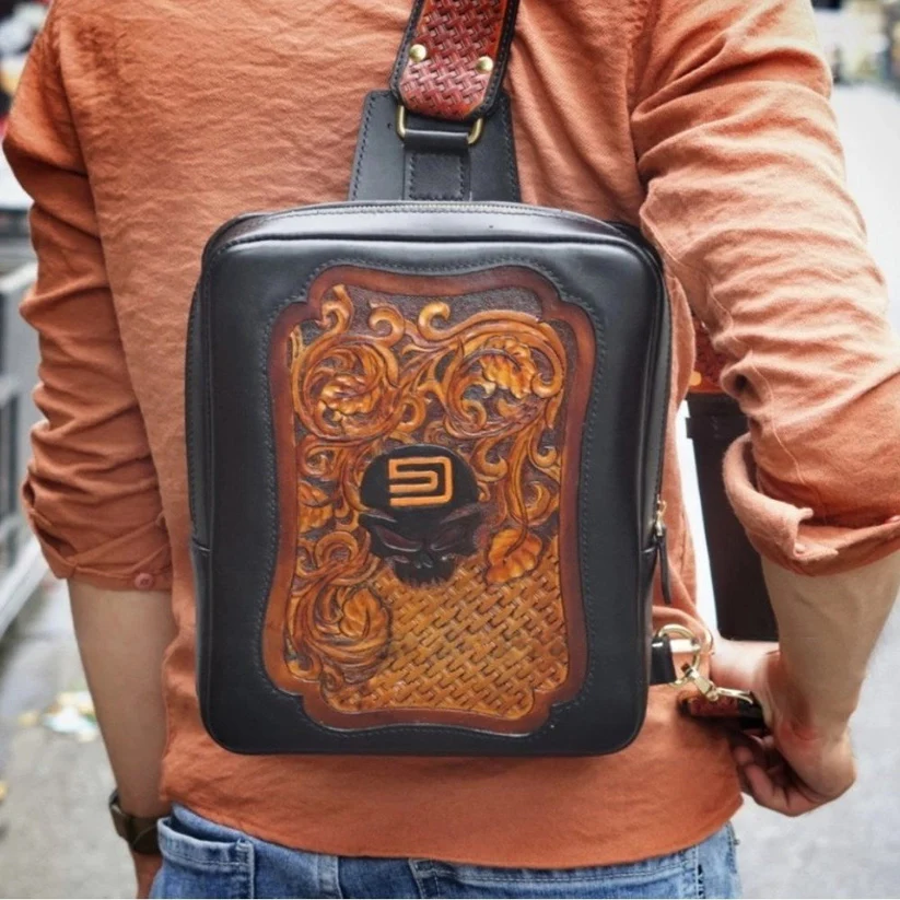 Hand-Carved Leather Sling Bag - Skull & Floral Engraving (1)