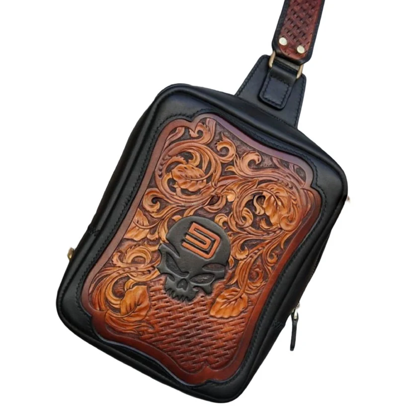 Hand-Carved Leather Sling Bag - Skull & Floral Engraving (2)