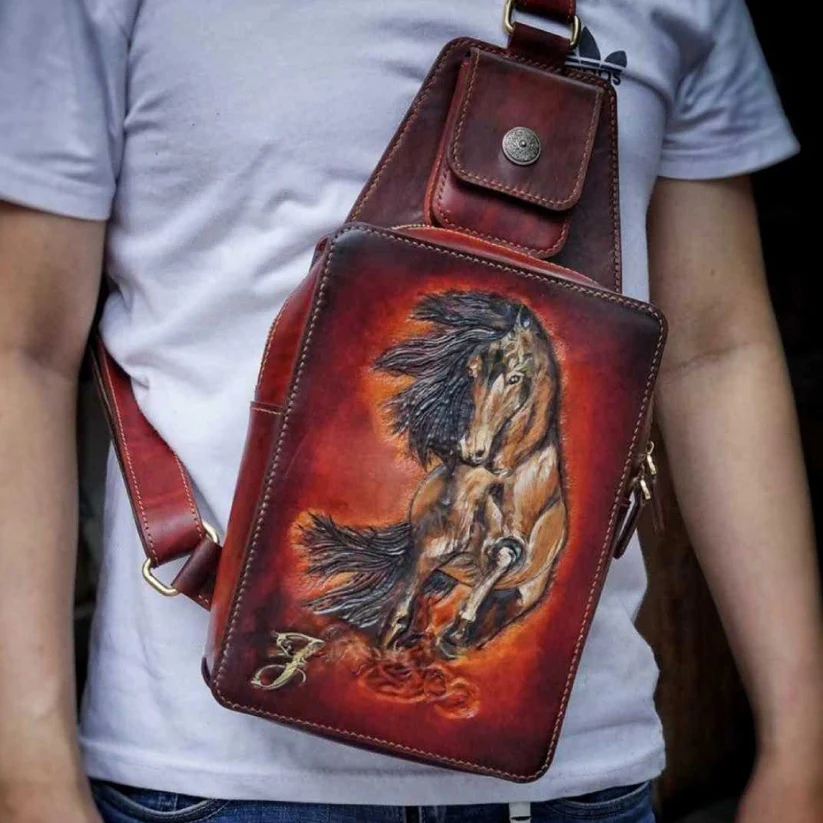 Hand-Carved Leather Sling Bag - Skull & Floral Engraving (3)