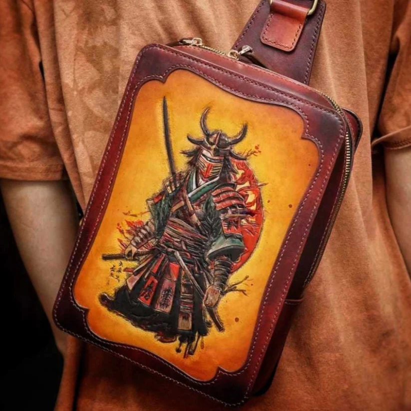 Hand-Painted Leather Sling Bag - Samurai Warrior (1)