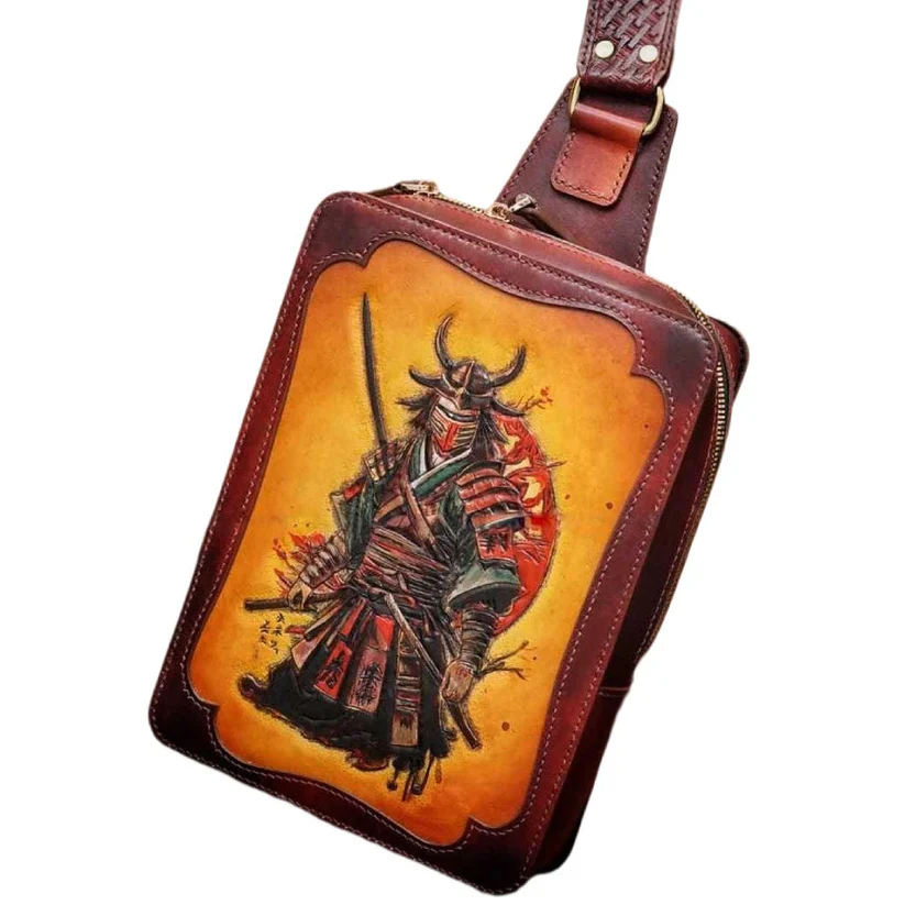 Hand-Painted Leather Sling Bag - Samurai Warrior (2)