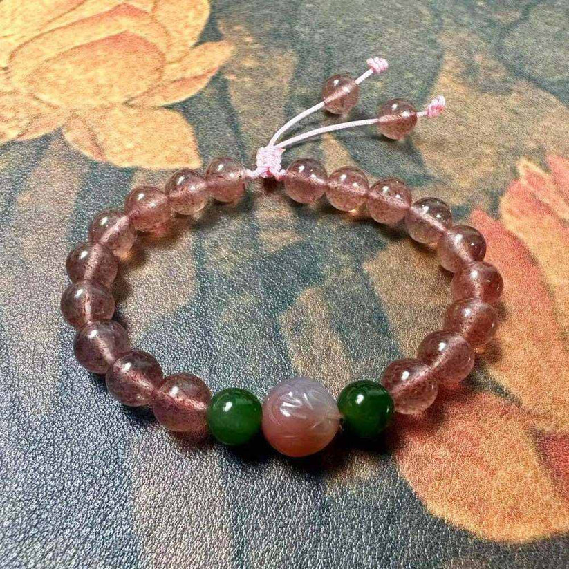 Handmade Natural Strawberry Quartz & Jade Adjustable Bracelet (1)