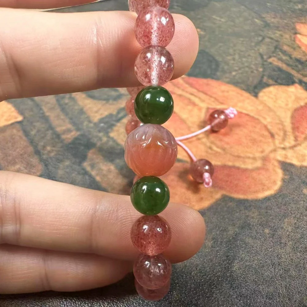 Handmade Natural Strawberry Quartz & Jade Adjustable Bracelet (1)