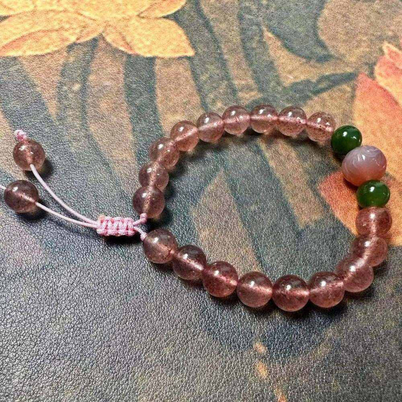 Handmade Natural Strawberry Quartz & Jade Adjustable Bracelet (2)