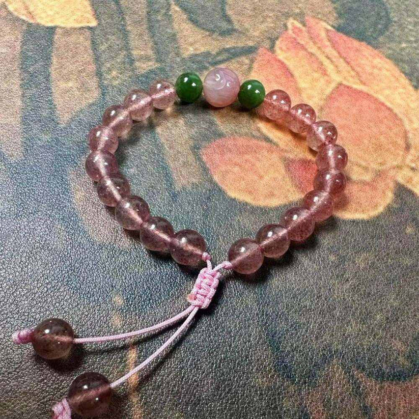 Handmade Natural Strawberry Quartz & Jade Adjustable Bracelet (3)