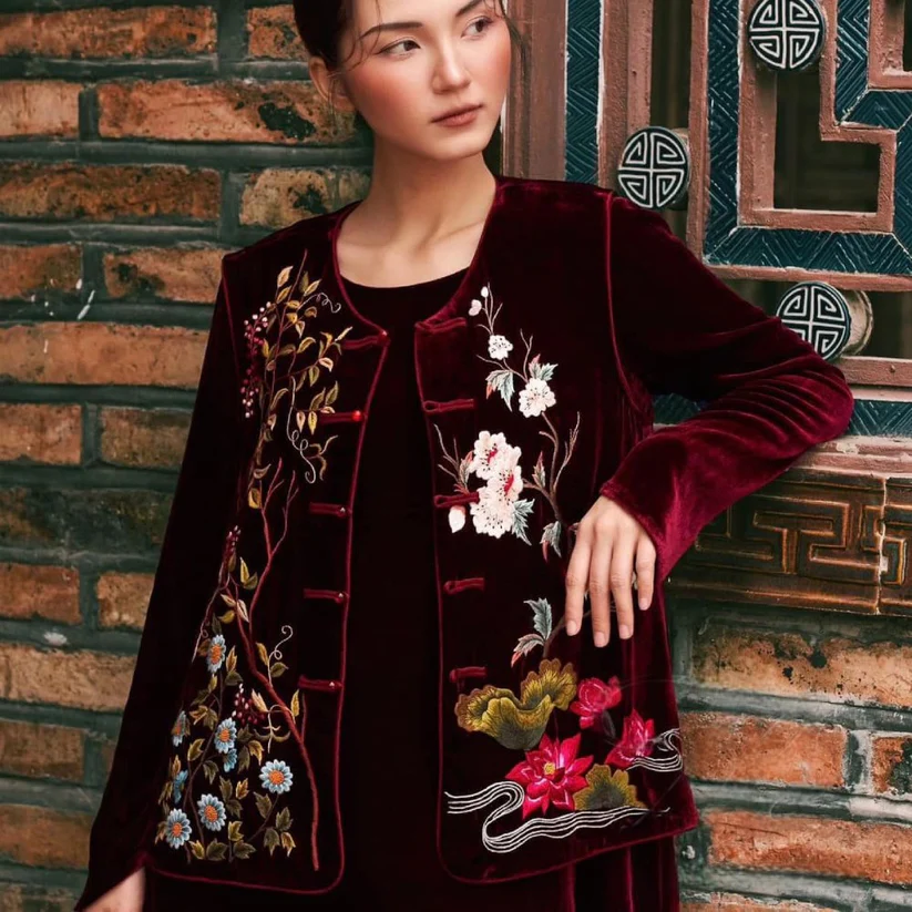 Traditional Velvet Jacket with Hand Embroidered Floral Design (2)
